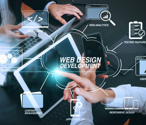 Developing programming and coding technologies with Website design in virtual diagram.co working team meeting concept,businessman using smart phone and digital tablet and laptop computer and name tag in modern office